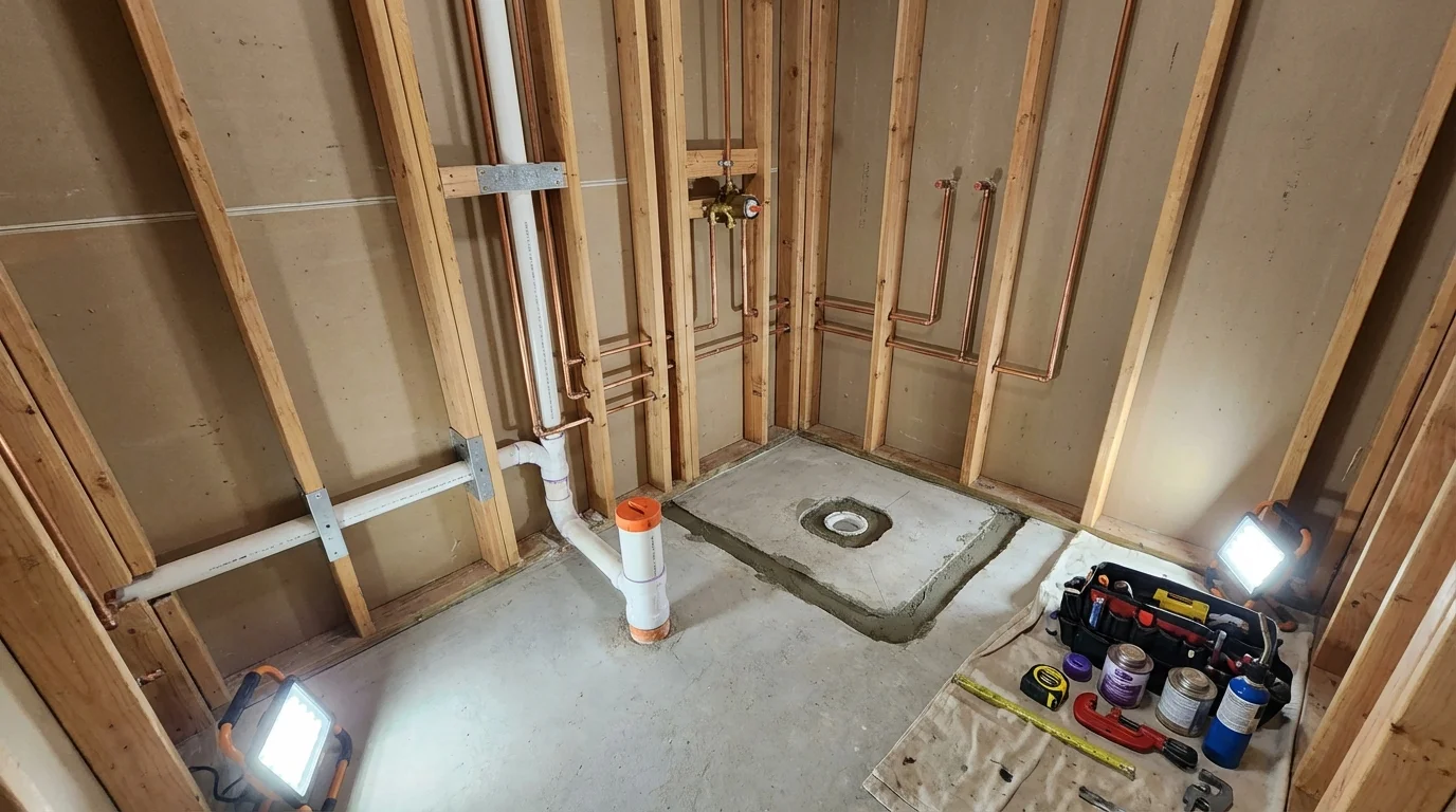 Bathroom rough-in plumbing during remodel by Johns Plumbing LLC in Rowlett