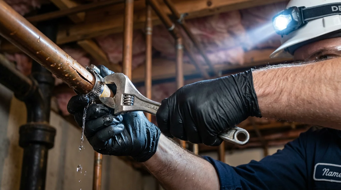 Emergency pipe clamp repair being performed by a Johns Plumbing LLC plumber in Rowlett