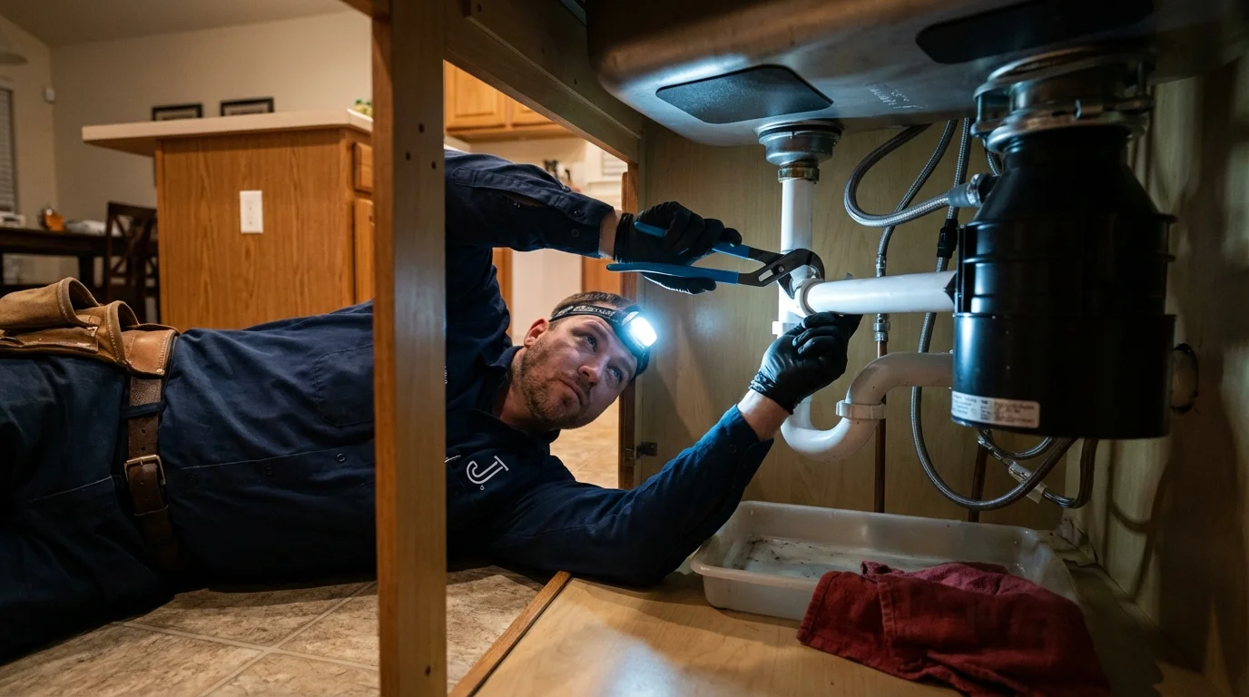 P-trap and supply line connections under a kitchen sink showing a common leak point in Rowlett, TX